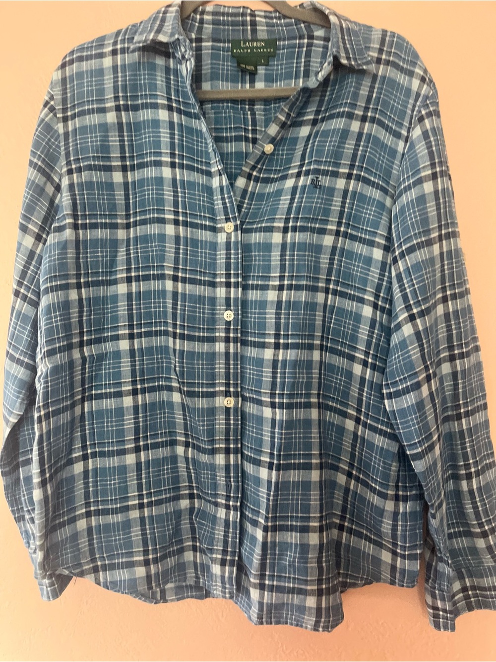 Lauren Ralph Blue Plaid Button-Up Shirt 100% linen